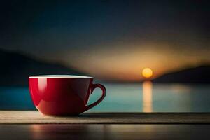 a red coffee cup sits on a wooden table in front of a lake at sunset. AI-Generated photo
