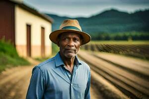 a man in a hat standing in front of a farm. AI-Generated photo