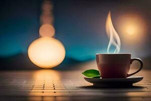 a cup of coffee with a leaf on the saucer. AI-Generated photo