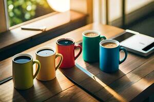 five colorful coffee mugs on a table. AI-Generated photo