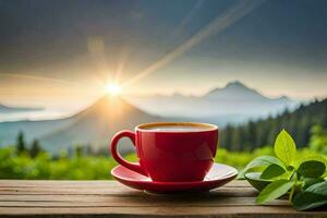 a cup of coffee on a mountain top. AI-Generated photo