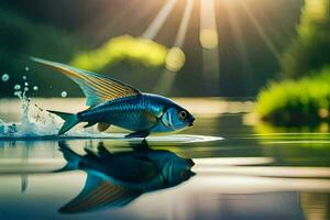 fish jumping out of water with sun shining behind it. AI-Generated photo