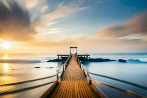 a long exposure photo of a pier at sunset. AI-Generated