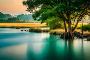 the river is flowing through a grassy field with trees. AI-Generated photo