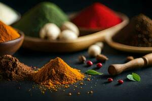 various spices and herbs in bowls on a black background. AI-Generated photo