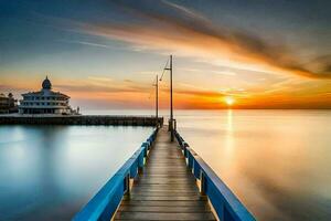 a pier at sunset with a lighthouse in the background. AI-Generated photo