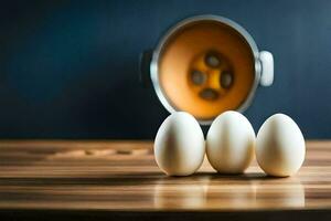 three eggs on a table next to a pot. AI-Generated photo