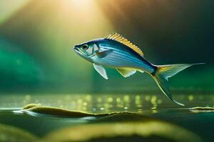 un pescado es volador terminado agua con luz de sol brillante. generado por ai foto