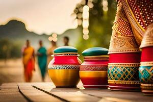 a group of colorful pots sitting on a wooden table. AI-Generated photo