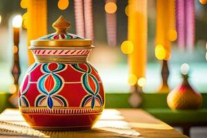 a colorful vase sitting on a table with candles. AI-Generated photo