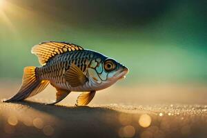 a fish is walking on the sand with the sun shining. AI-Generated photo