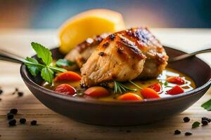 chicken breast with vegetables and lemon in a bowl. AI-Generated photo