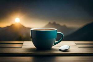 a cup of coffee on a wooden table with a mountain in the background. AI-Generated photo