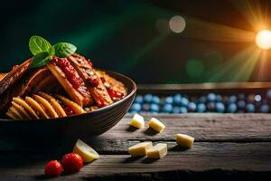 the food is served in a bowl with a wooden table. AI-Generated photo