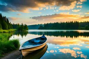 a boat sits on the shore of a lake at sunset. AI-Generated photo