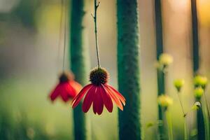 red flower hanging from a tree in the forest. AI-Generated photo