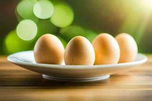 five eggs on a plate in front of a green background. AI-Generated photo