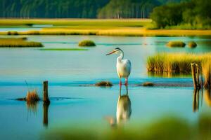 un blanco pájaro en pie en el agua cerca césped. generado por ai foto