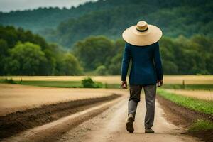 un hombre en un sombrero camina abajo un suciedad la carretera. generado por ai foto