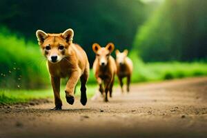 Tres perros corriendo en un suciedad la carretera. generado por ai foto