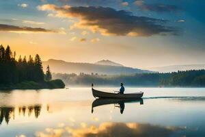 a man in a boat on a lake at sunset. AI-Generated photo