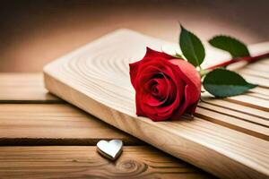 a red rose on a wooden table with a heart. AI-Generated photo