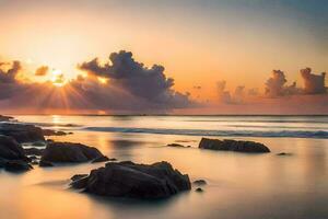 puesta de sol terminado el Oceano con rocas y agua. generado por ai foto