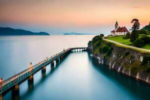 a long exposure photo of a church on a cliff overlooking the ocean. AI-Generated