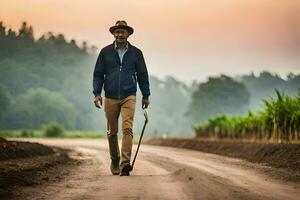 a man walking down a dirt road with a cane. AI-Generated photo