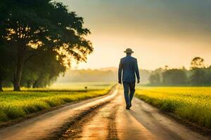 a man in a suit and hat walks down a dirt road. AI-Generated photo