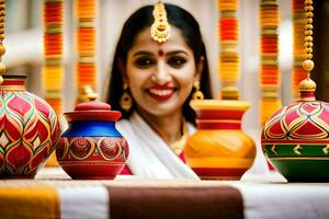 a woman smiles while holding colorful pots. AI-Generated photo