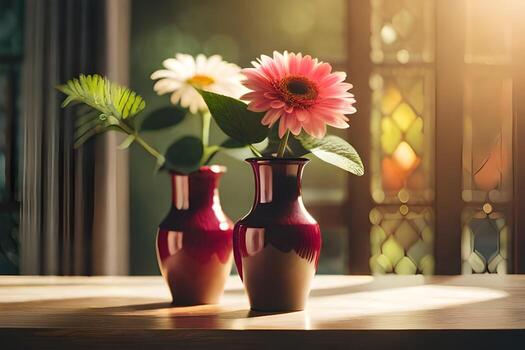 two vases with flowers on a table in front of a window. AI-Generated photo