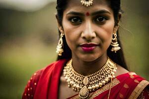 a woman in traditional indian attire with jewelry. AI-Generated photo