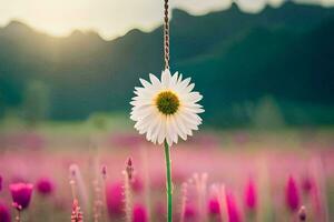 a single daisy is standing in a field of pink flowers. AI-Generated photo