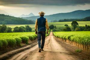 a man in a hat walks down a dirt road in a field. AI-Generated photo