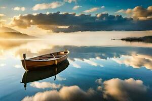 un barco flotante en un calma lago con nubes reflejando en el agua. generado por ai foto