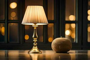 a lamp and a ball on a table in front of a window. AI-Generated photo
