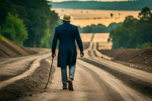 un hombre en un traje y sombrero caminando abajo un suciedad la carretera. generado por ai foto