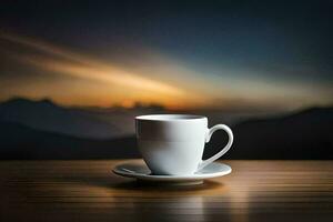 un taza de café en un mesa en frente de un puesta de sol. generado por ai foto