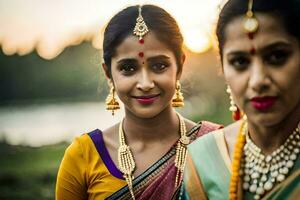dos mujer en tradicional saris posando para el cámara. generado por ai foto
