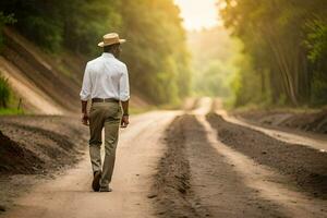 un hombre en un sombrero camina abajo un suciedad la carretera. generado por ai foto