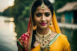 hermosa indio novia en tradicional sari. generado por ai foto