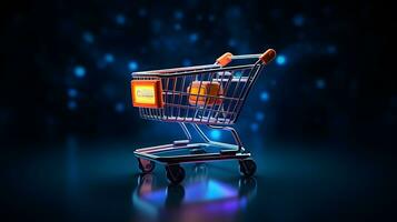 Shopping cart on dark background. Online shopping concept AI Generated photo