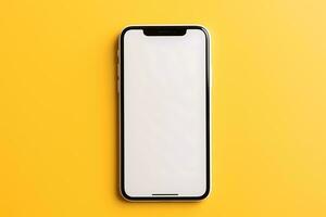 Smartphone mockup with blank screen isolated on yellow background AI Generated photo