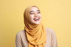 hijab mujer con sonrisa y contento expresión en amarillo antecedentes ai generado foto