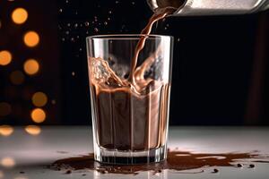 Pouring chocolate into a glass with splashes on a dark background photo