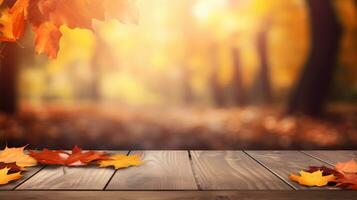 Wooden table and autumn leaves on bokeh background. Autumn concept AI Generated photo