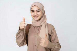 Hijab woman showing thumbs up gesture. Isolated on white background AI Generated photo