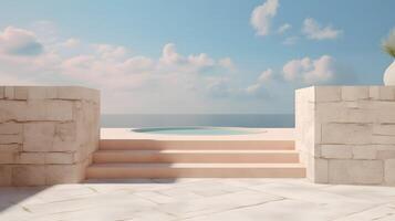 Swimming pool on terrace with sea view AI Generated photo