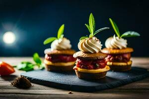 three mini desserts on a black slate. AI-Generated photo